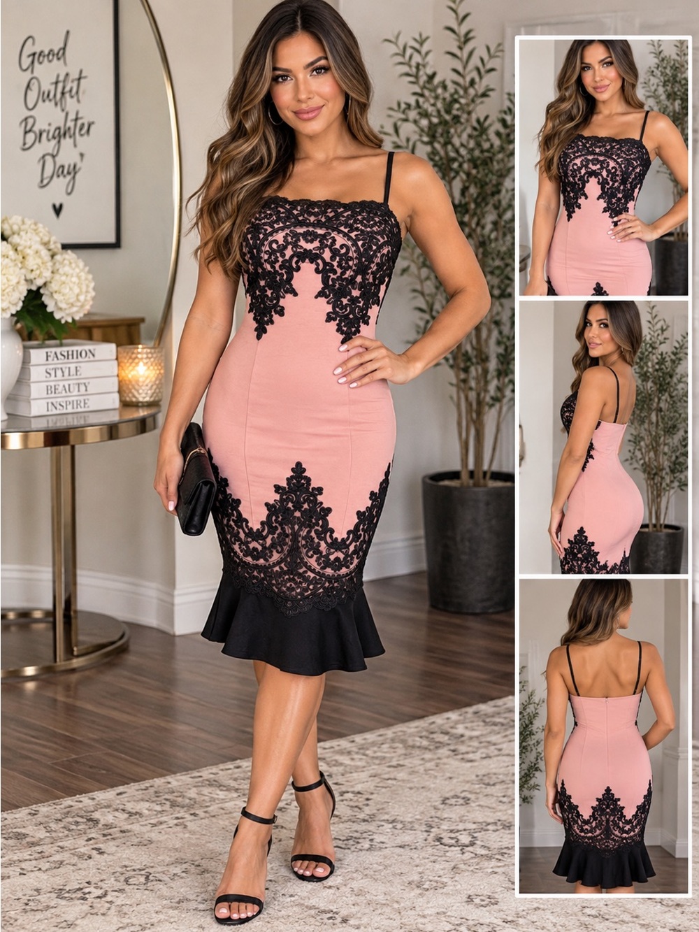 venus lace bodycon dress Pink Black Bandage Sz S Ruffle Hem Cocktail Romantic Make this dress your